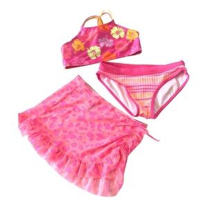 Bundle 3 Pc Cat & Jack Art Class Pink Floral Bikini Set with Skirt Coverup S 6/7